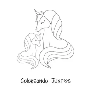 Imagen para colorear de una madre unicornio con su hijo, un pequeño unicornio bebé