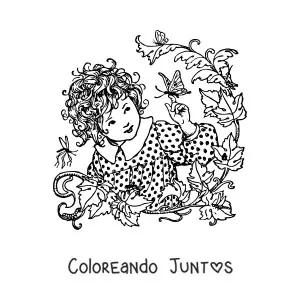 Imagen para colorear de una niña rodeada de plantas jugando con una mariposa