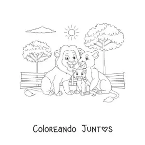 Imagen para colorear de una familia de leones con un león bebé sonriendo en el zoológico