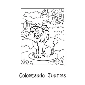 Imagen para colorear de un león feroz rugiendo en su hábitat