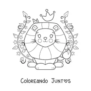 Imagen para colorear de un león kawaii con una corona rodeado de plantas decorativas