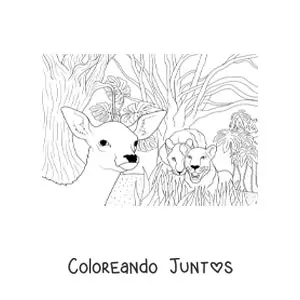 Imagen para colorear de una pareja de leones feroces cazando a un ciervo en la jungla