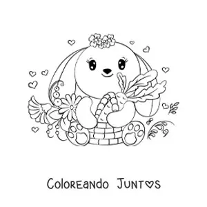 Imagen para colorear de un conejo kawaii rodeado de flores y sujetando una cesta con una zanahoria