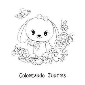 Conejo kawaii con orejas caídas y flores
