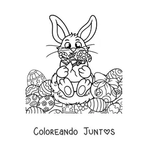Imagen para colorear de un conejo animado sujetando huevos de pascua y rodeado de huevos de pascua