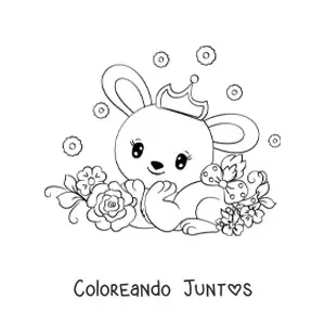 Imagen para colorear de un conejo kawaii con una corona y un lazo en la cola rodeado de flores