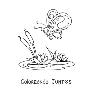Imagen para colorear de una mariposa animada volando hacia unas flores nenúfares