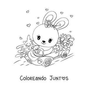 Imagen para colorear de un conejo kawaii conduciendo un auto decorado con flores