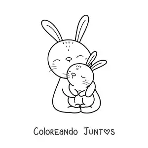 Imagen para colorear de una mamá coneja tierna abrazando a su cria