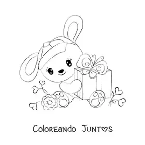 Imagen para colorear de un conejo kawaii sentado sosteniendo un regalo rodeado de flores
