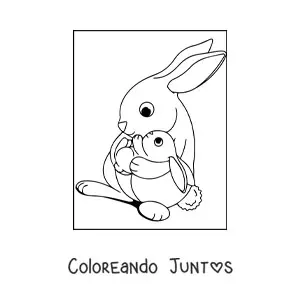 Imagen para colorear de una mamá coneja sosteniendo a un conejo bebé en sus brazos