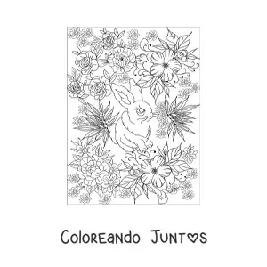 Imagen para colorear de un conejo pequeño de ojos grandes rodeado de flores