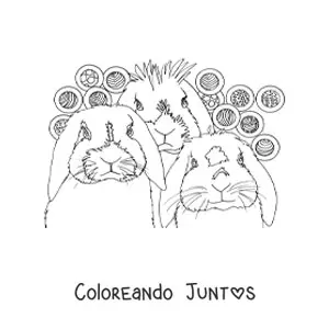 Imagen para colorear de tres conejos realistas con un diseño de círculos con tramas en el fondo