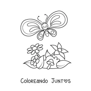 Imagen para colorear de una mariposa animada alegre volando sobre varias flores