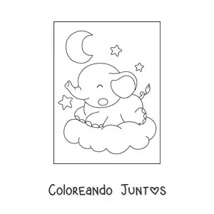 Imagen para colorear de un elefante bebé kawaii durmiendo feliz sobre una nube en un cielo nocturno