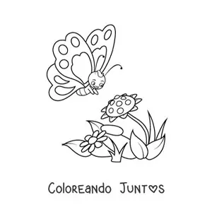 Imagen para colorear de una mariposa animada acercándose a dos flores