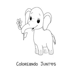 Imagen para colorear de un elefante bebé tierno sujetando una flor con su trompa