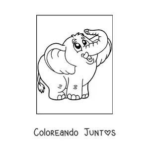 Imagen para colorear de un elefante tierno con la trompa doblada hacia arriba