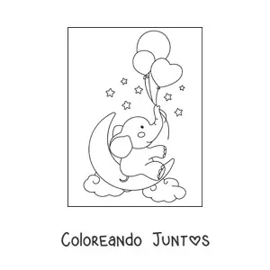 Imagen para colorear de un elefante bebé kawaii sentado en una media luna en el cielo sujetando globos de corazón con la trompa