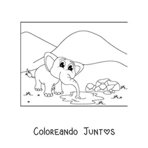 Imagen para colorear de la caricatura de un elefante tierno tomando agua de una charca en la sabana