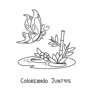 Imagen para colorear de una mariposa animada volando cerca de flores nenúfares