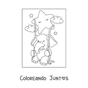 Imagen para colorear de un elefante kawaii sentado en un columpio colgado a una estrella animada