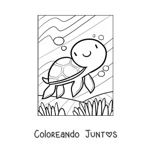 Imagen para colorear de una tortuga marina kawaii nadando en el fondo del mar