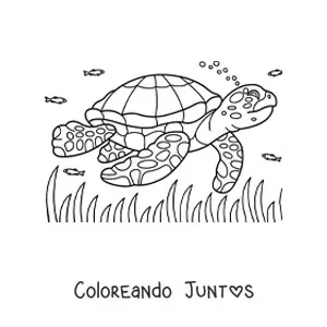Imagen para colorear de una tortuga marina realista nadando entre peces en el mar