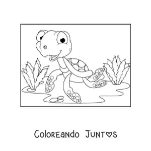 Imagen para colorear de una tortuga marina animada en el fondo del mar