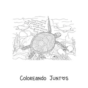 Imagen para colorear de una tortuga marina realista nadando con peces en el fondo del mar