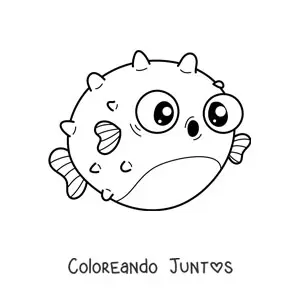 Imagen para colorear de un pez globo kawaii con ojos bizcos