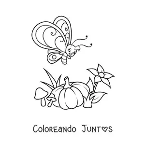 Imagen para colorear de una mariposa animada volando cerca de una calabaza