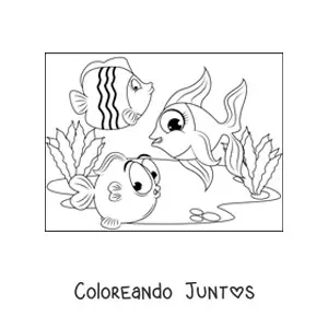 Imagen para colorear de tres peces animados nadando juntos entre algas marinas