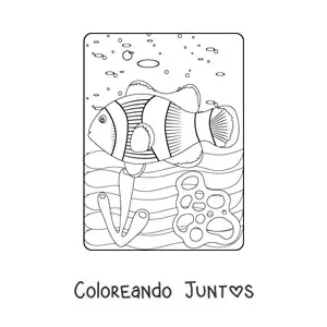 Imagen para colorear de un pez payaso nadando entre corales en el mar