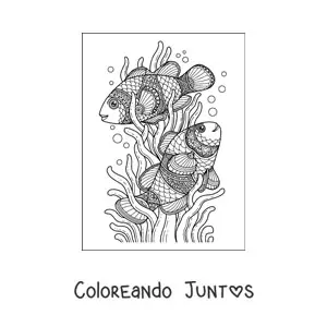 Imagen para colorear de dos peces nadando entre algas marinas