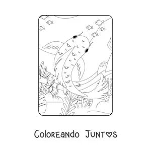 Imagen para colorear de un pez koi nadando en el arrecife con otros peces