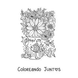 Imagen para colorear de varios peces y un cangrejo junto a un jarrón con flores y una mariposa