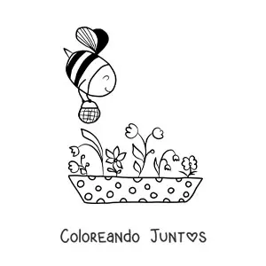 Imagen para colorear de una abeja kawaii volando sobre varias flores llevando una cesta