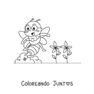 Imagen para colorear de una abeja kawaii animada con lentes cerca de unas flores