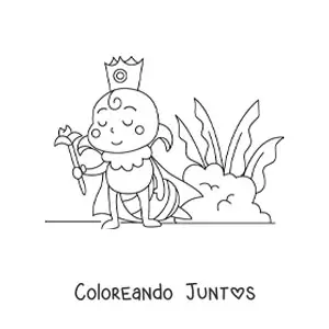 Imagen para colorear de una abeja reina animada vistiendo corona y cetro cerca de unas plantas