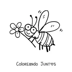 Imagen para colorear de una abeja animada feliz volando sujetando una flor