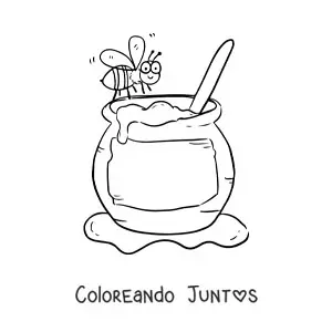 Imagen para colorear de una abeja animada volando cerca de un tarro de miel