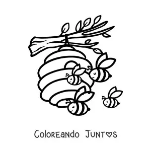 Imagen para colorear de una colmena de abejas animadas cerca de un panal en una rama