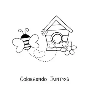 Imagen para colorear de una abeja volando desde una casa de madera