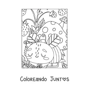 Imagen para colorear de una abeja tierna durmiendo entre hongos y fresas