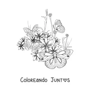 Imagen para colorear de varias mariposas posadas sobre flores