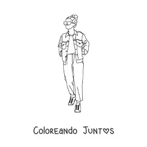 Imagen para colorear de una chica con ropa moderna dibujada de cuerpo completo