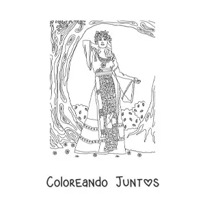 Imagen para colorear de una chica vintage con un decorado de plantas y enredaderas