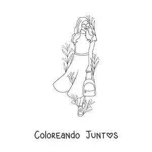 Imagen para colorear de una chica moderna recostada a una pared rodeada de flores