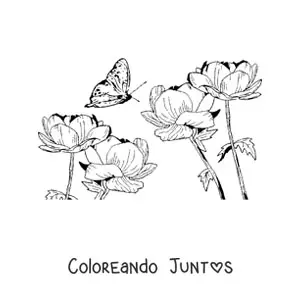 Imagen para colorear de una mariposa volando sobre flores silvestres